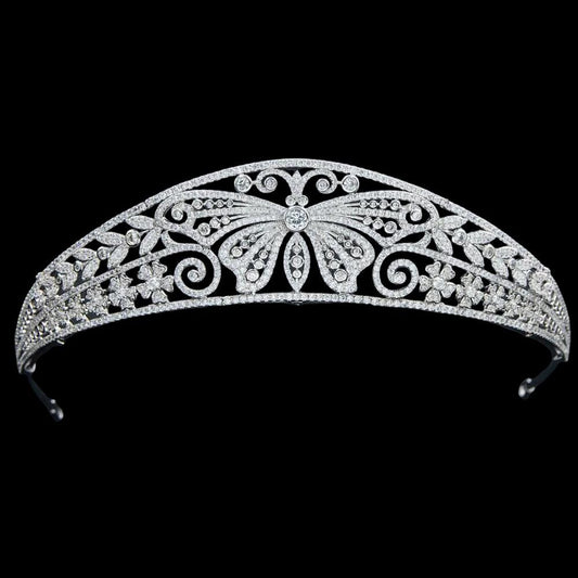 Butterfly Wedding Crown Sprign Nature Themed Bridal Tiara Scroll Dainty Elegant Minimal Style Diamond CZ Headpiece Modern Floral Details