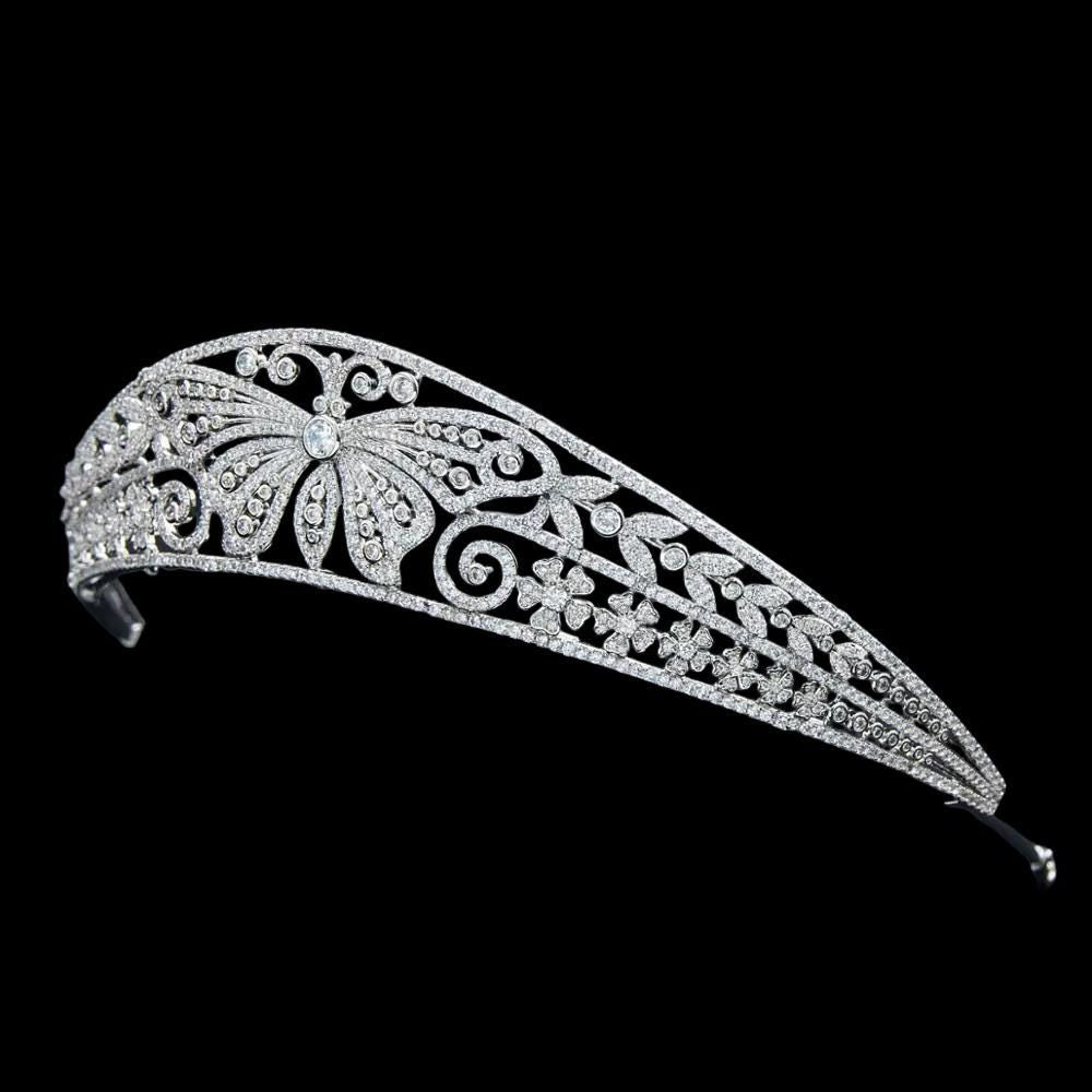 Butterfly Wedding Crown Sprign Nature Themed Bridal Tiara Scroll Dainty Elegant Minimal Style Diamond CZ Headpiece Modern Floral Details