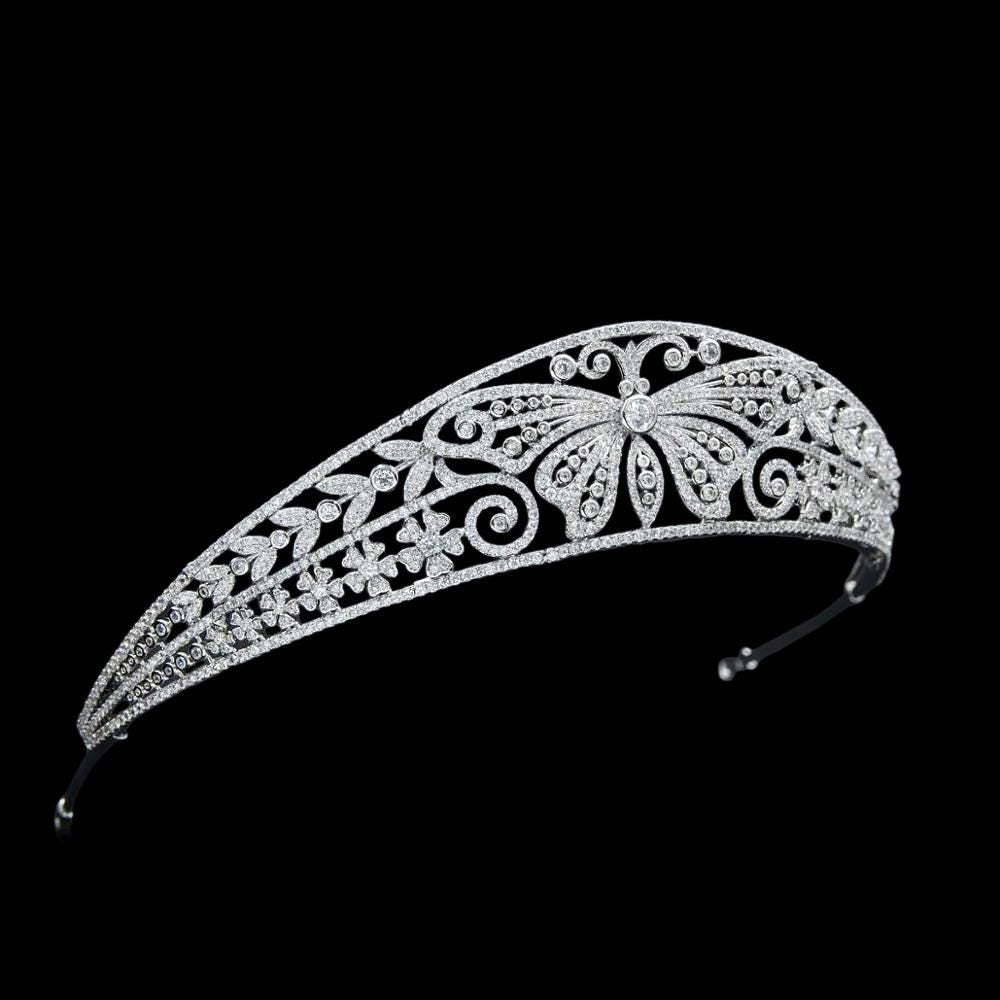 Butterfly Wedding Crown Sprign Nature Themed Bridal Tiara Scroll Dainty Elegant Minimal Style Diamond CZ Headpiece Modern Floral Details