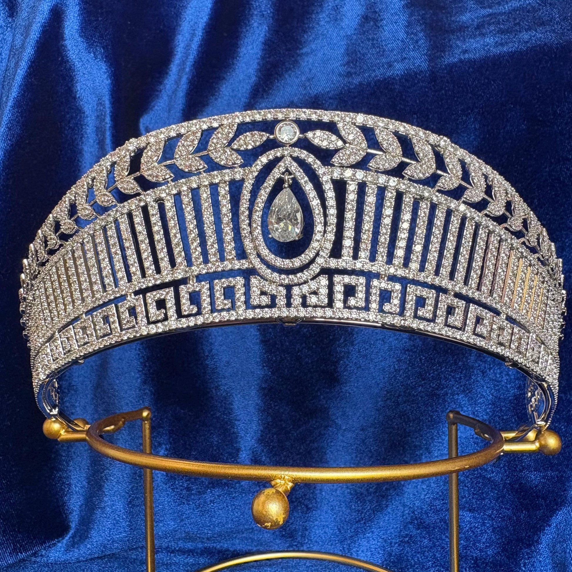 Antique Greek Style Diadem Wedding Crown Dangle Drop CZ Simulated Diamond Leaf Greek Modern Geometrical Detailed Crown