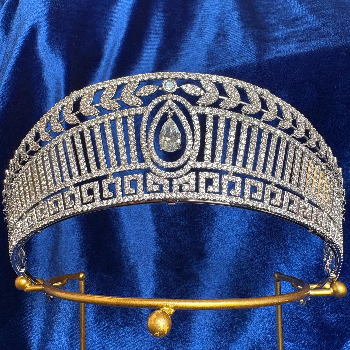 Antique Greek Style Diadem Wedding Crown Dangle Drop CZ Simulated Diamond Leaf Greek Modern Geometrical Detailed Crown