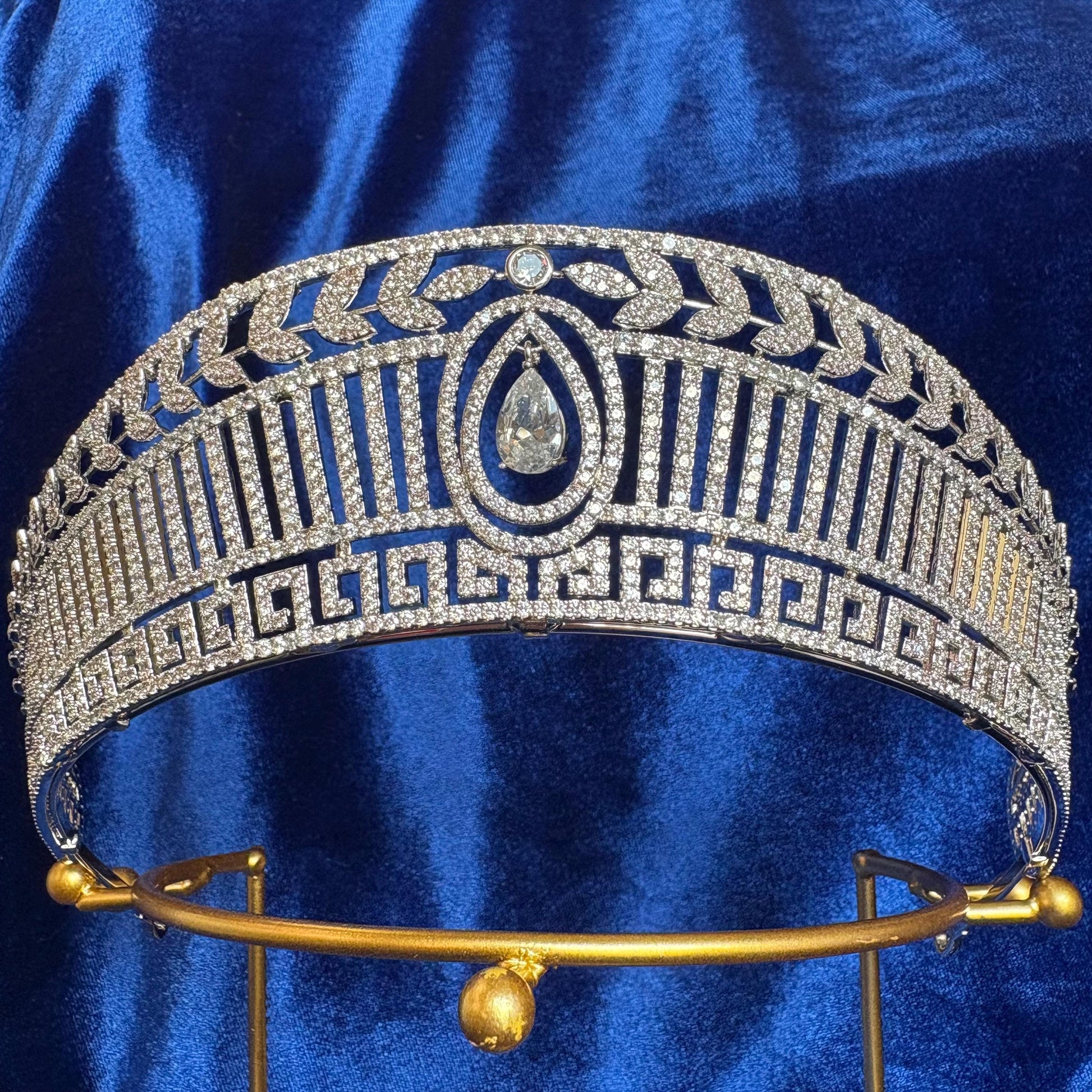 Greek Modern Geometrical Art Deco Style Wedding Crown Diamond Royal Tiara Dangle Drop CZ Simulated Diamond Leaf Diadem