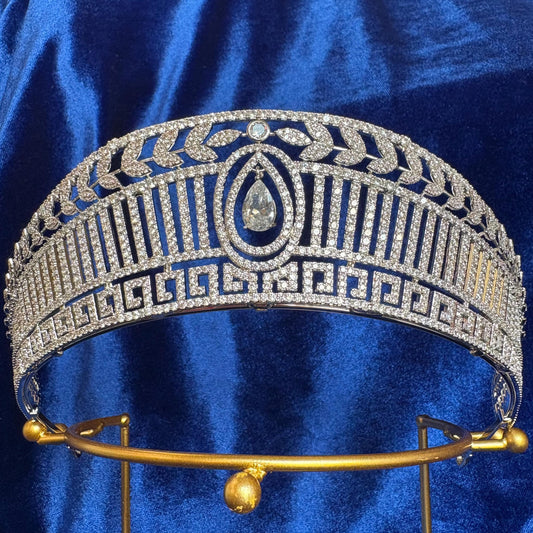 Greek Modern Geometrical Art Deco Style Wedding Crown Diamond Royal Tiara Dangle Drop CZ Simulated Diamond Leaf Diadem