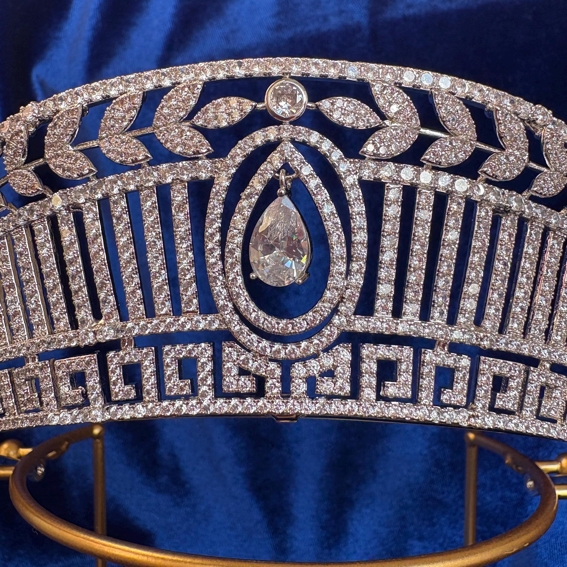 Greek Modern Geometrical Art Deco Style Wedding Crown Diamond Royal Tiara Dangle Drop CZ Simulated Diamond Leaf Diadem