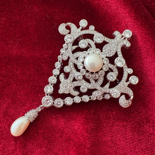 Freshwater Pearl Dangling Drop Bridal Brooch CZ Diamond Baroque Pin Artdeco Vintage Royal Style Silver Color Open Scrollwork Edwardian Jewel