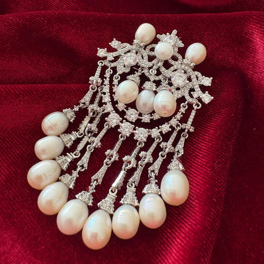 Bridal Wedding Brooch Victorian Russian Style Dandling Drop Pearls Full CZ Diamond Baroque Pin Russian Style Formal Jewelry