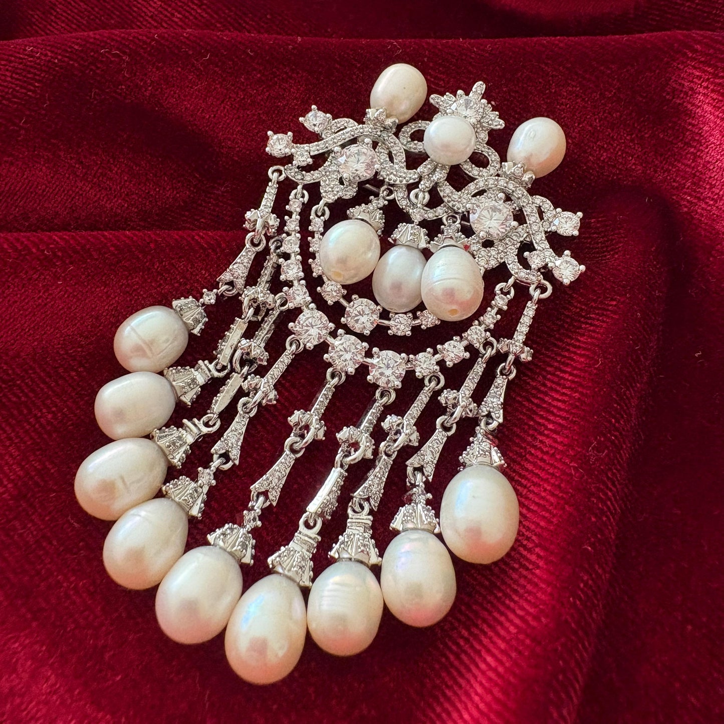 Bridal Wedding Brooch Victorian Russian Style Dandling Drop Pearls Full CZ Diamond Baroque Pin Russian Style Formal Jewelry Christmas Gift