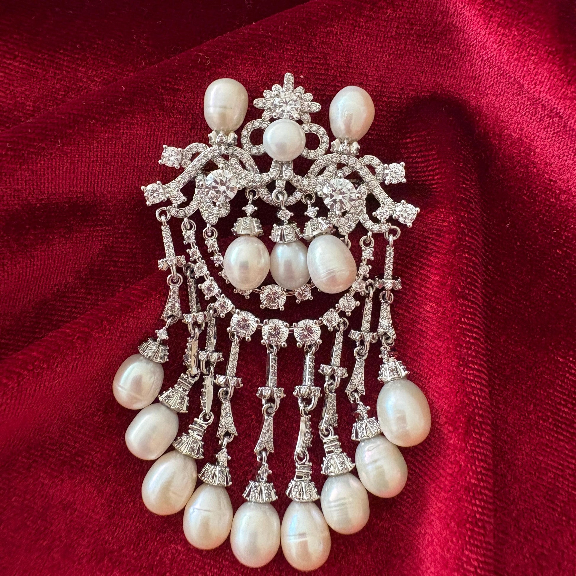 Bridal Wedding Brooch Victorian Russian Style Dandling Drop Pearls Full CZ Diamond Baroque Pin Russian Style Formal Jewelry