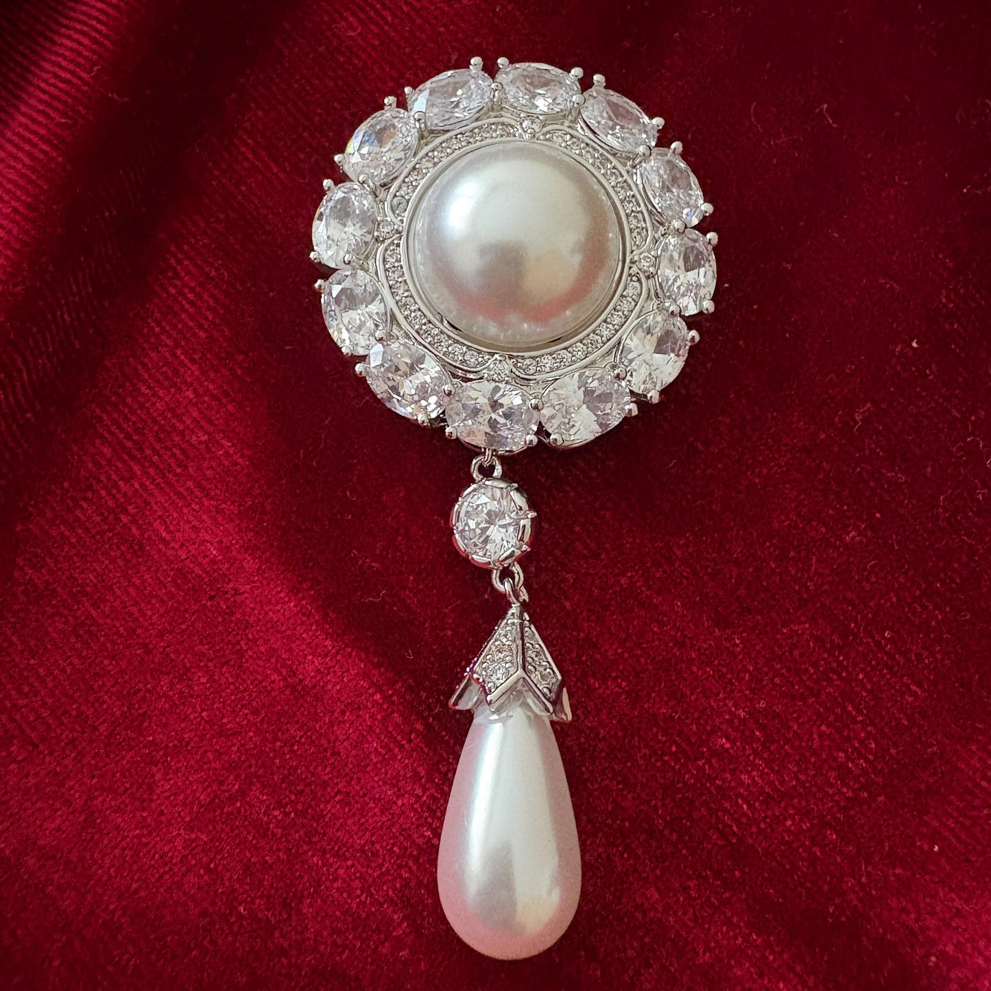 Dangling Pearl Round Brooch Full CZ American Diamond Halo Statement Silver Colour Wedding Bridal Pin Vintage Classical Victorian Style