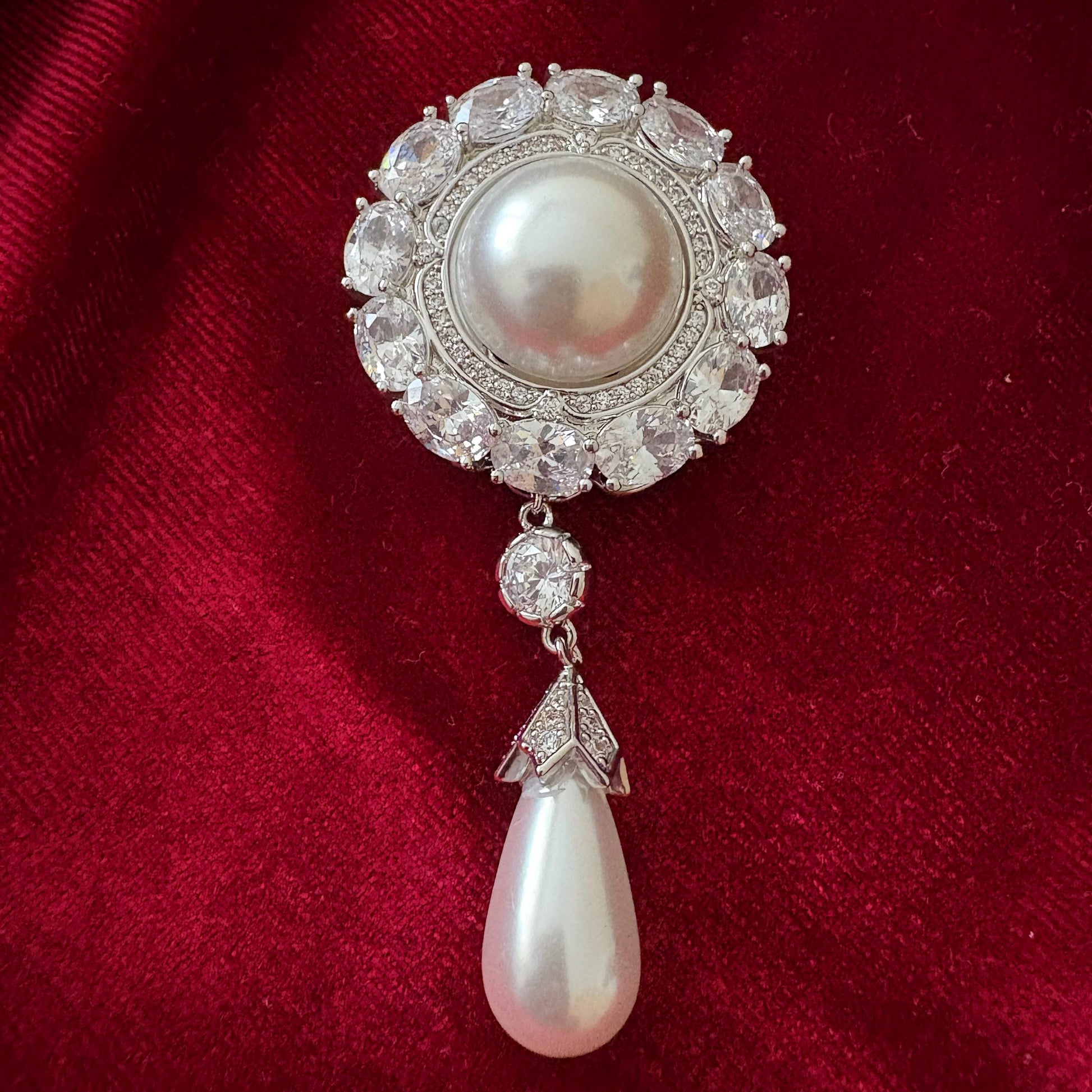 Dangling Pearl Round Brooch Full CZ American Diamond Halo Statement Silver Colour Wedding Bridal Pin Vintage Classical Victorian Style