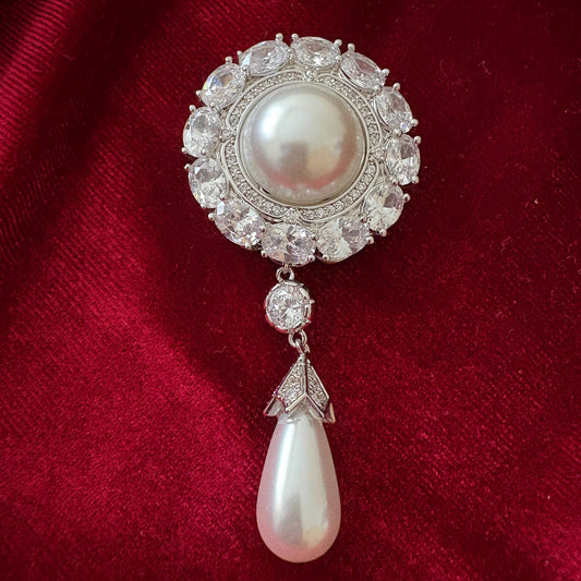 Dangling Pearl Round Brooch Full CZ American Diamond Halo Statement Silver Colour Wedding Bridal Pin Vintage Classical Victorian Style