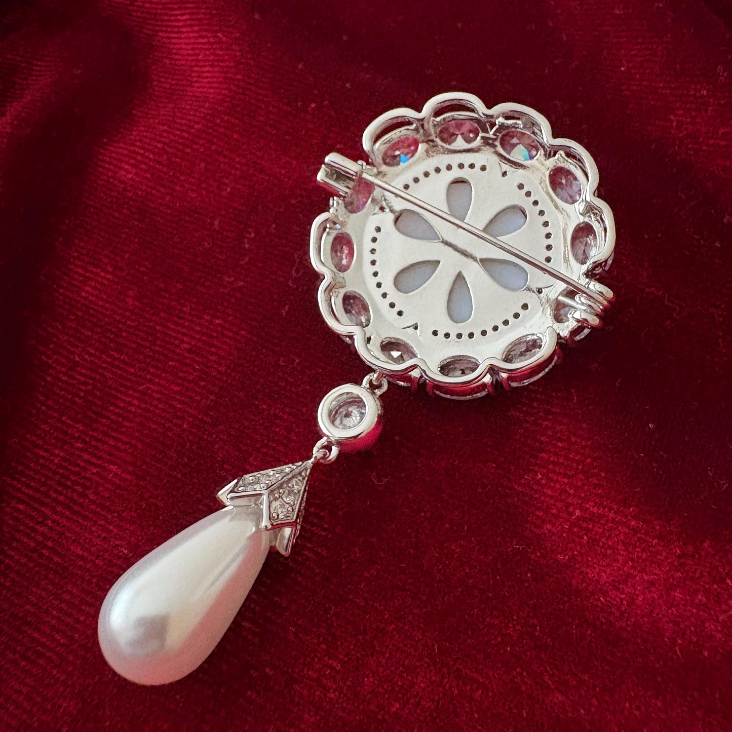 Dangling Pearl Round Brooch Full CZ American Diamond Halo Statement Silver Colour Wedding Bridal Pin Vintage Classical Victorian Style