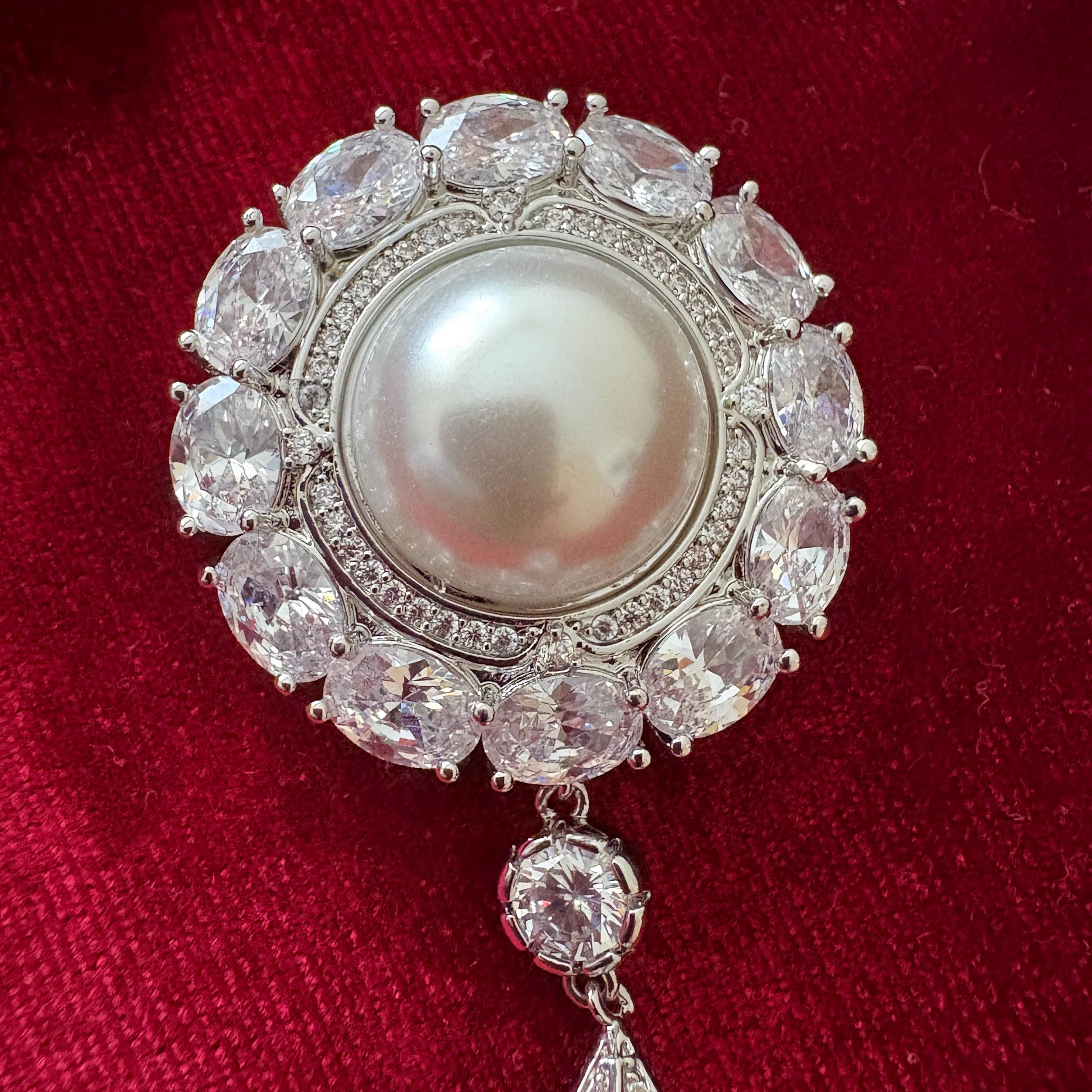 Dangling Pearl Round Brooch Full CZ American Diamond Halo Statement Silver Colour Wedding Bridal Pin Vintage Classical Victorian Style