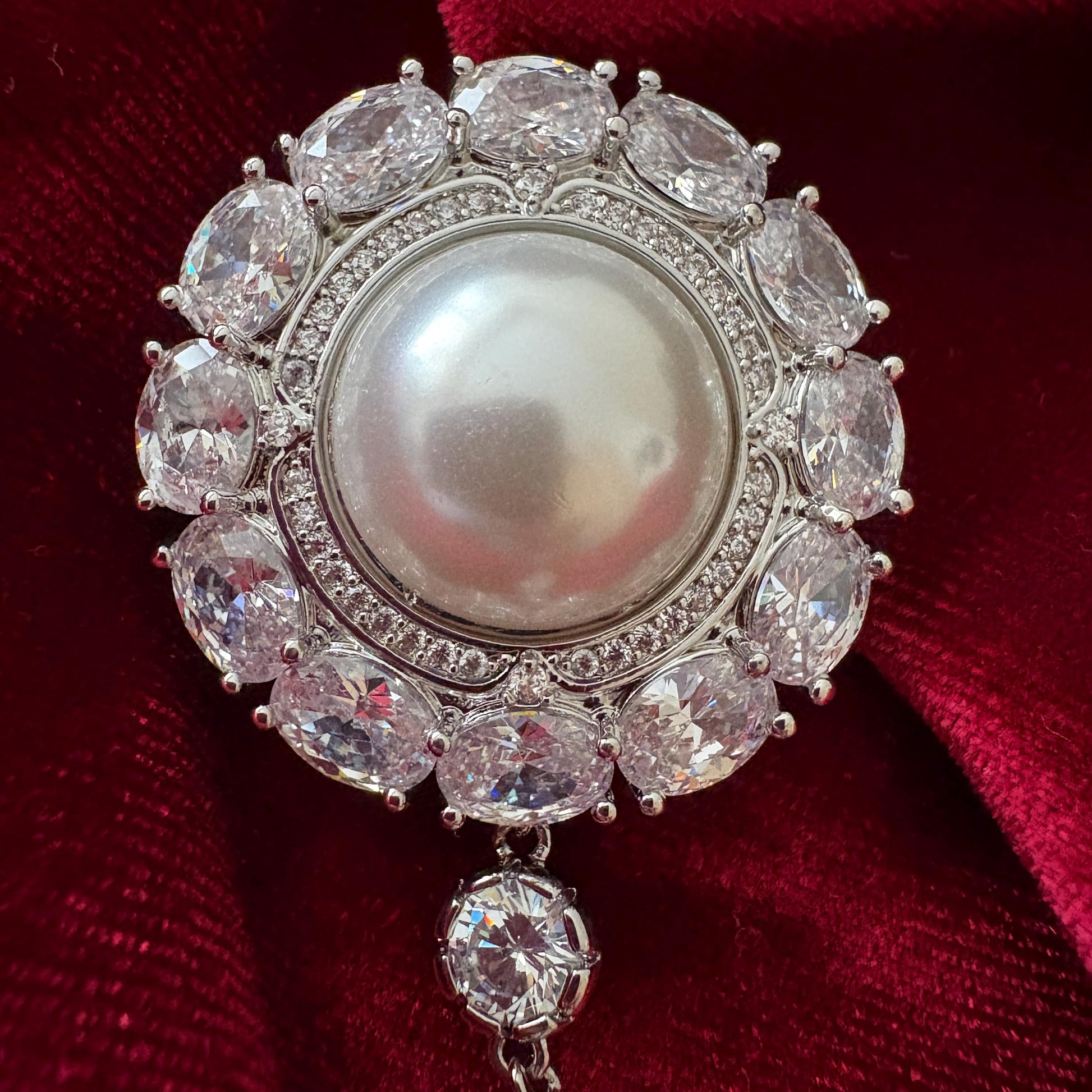 Dangling Pearl Round Brooch Full CZ American Diamond Halo Statement Silver Colour Wedding Bridal Pin Vintage Classical Victorian Style