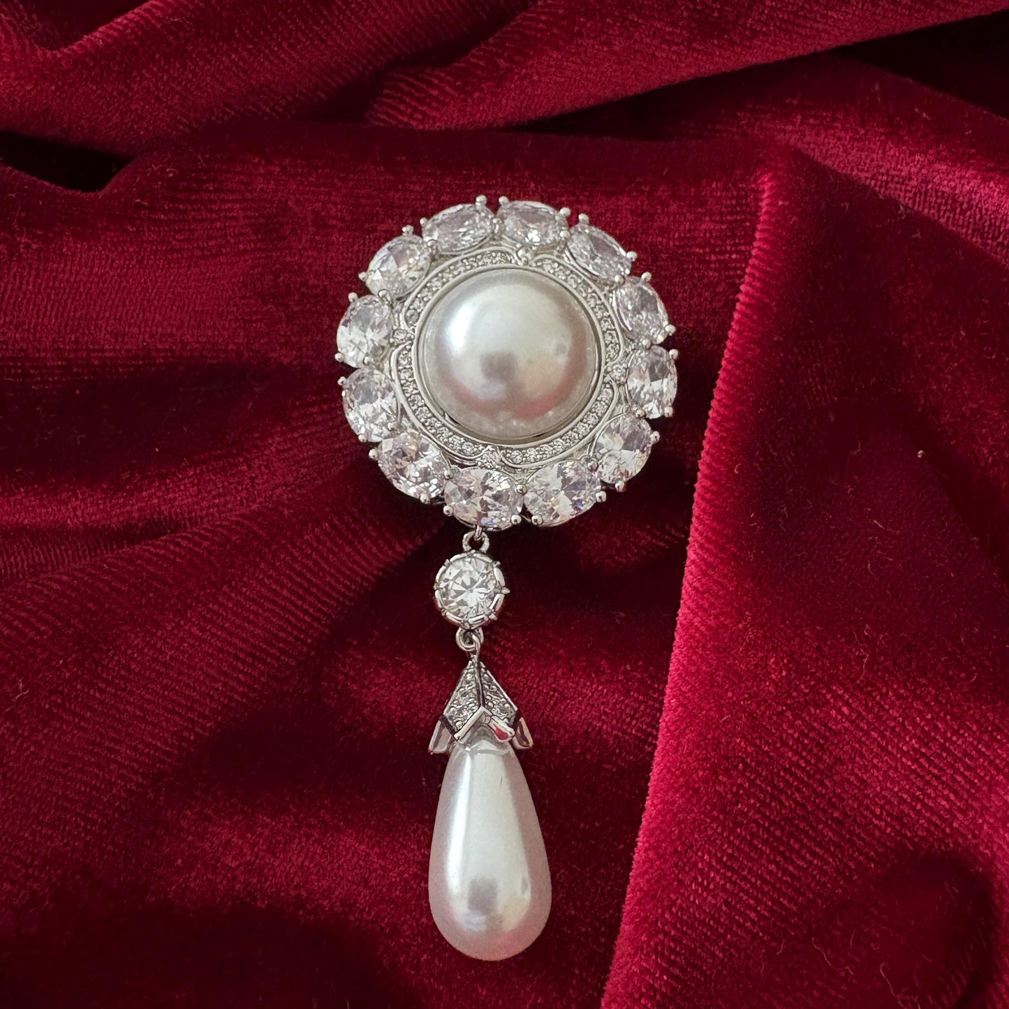 Dangling Pearl Round Brooch Full CZ American Diamond Halo Statement Silver Colour Wedding Bridal Pin Vintage Classical Victorian Style