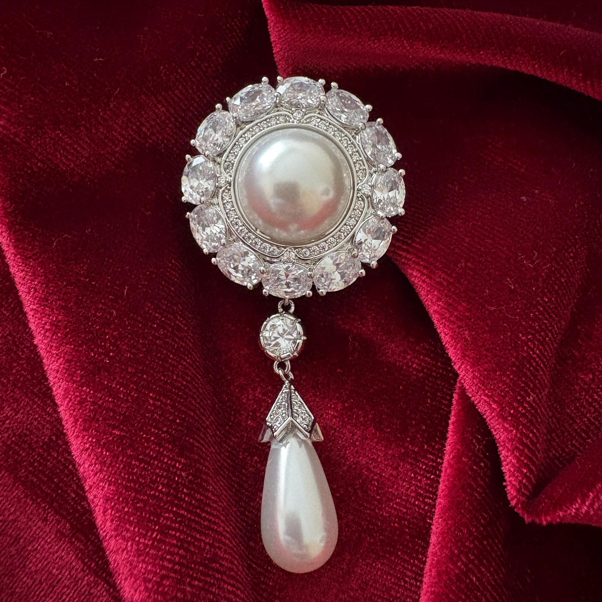 Dangling Pearl Round Brooch Full CZ American Diamond Halo Statement Silver Colour Wedding Bridal Pin Vintage Classical Victorian Style
