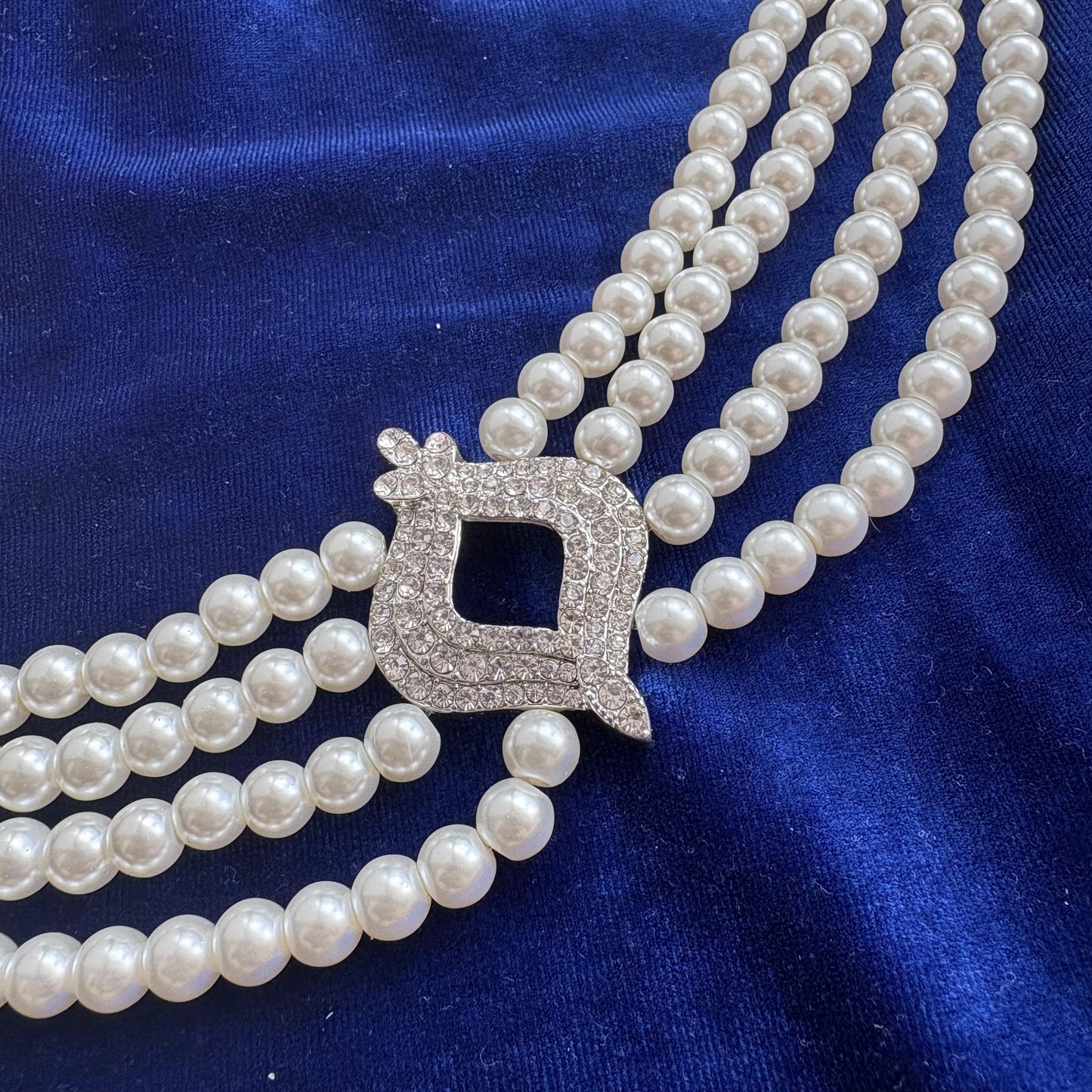 Elegant 4 Multi Strand Pearl Choker Necklace with CZ Cirzonia Statement Clasp Vintage Inspired Royal Baroque Style Wedding Bridal Jewelry