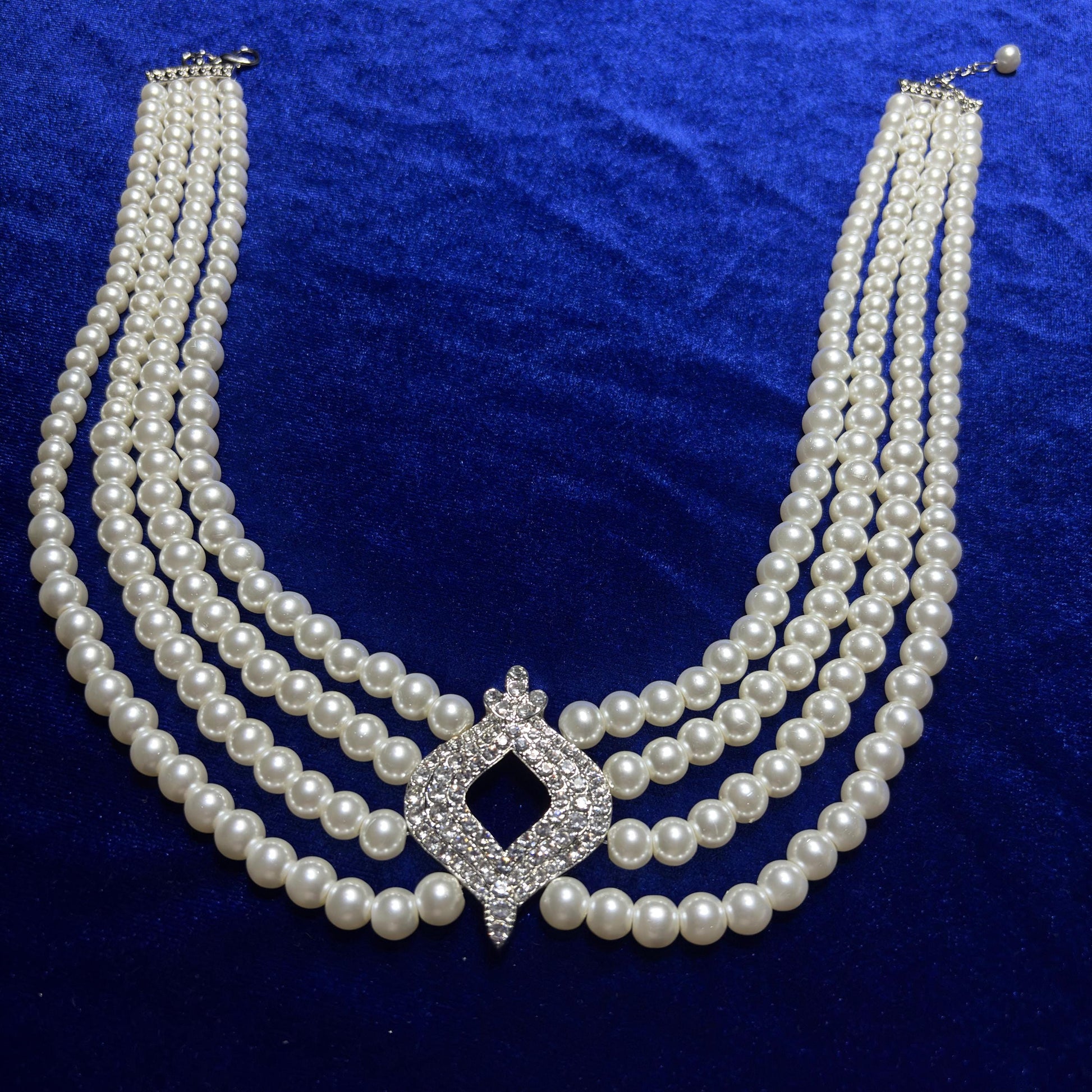 Elegant 4 Multi Strand Pearl Choker Necklace with CZ Cirzonia Statement Clasp Vintage Inspired Royal Baroque Style Wedding Bridal Jewelry