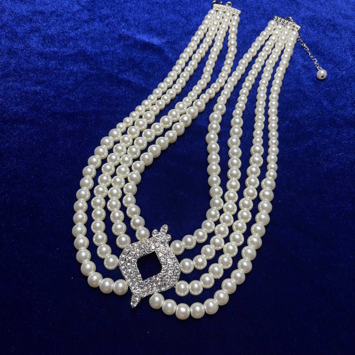 Elegant 4 Multi Strand Pearl Choker Necklace with CZ Cirzonia Statement Clasp Vintage Inspired Royal Baroque Style Wedding Bridal Jewelry