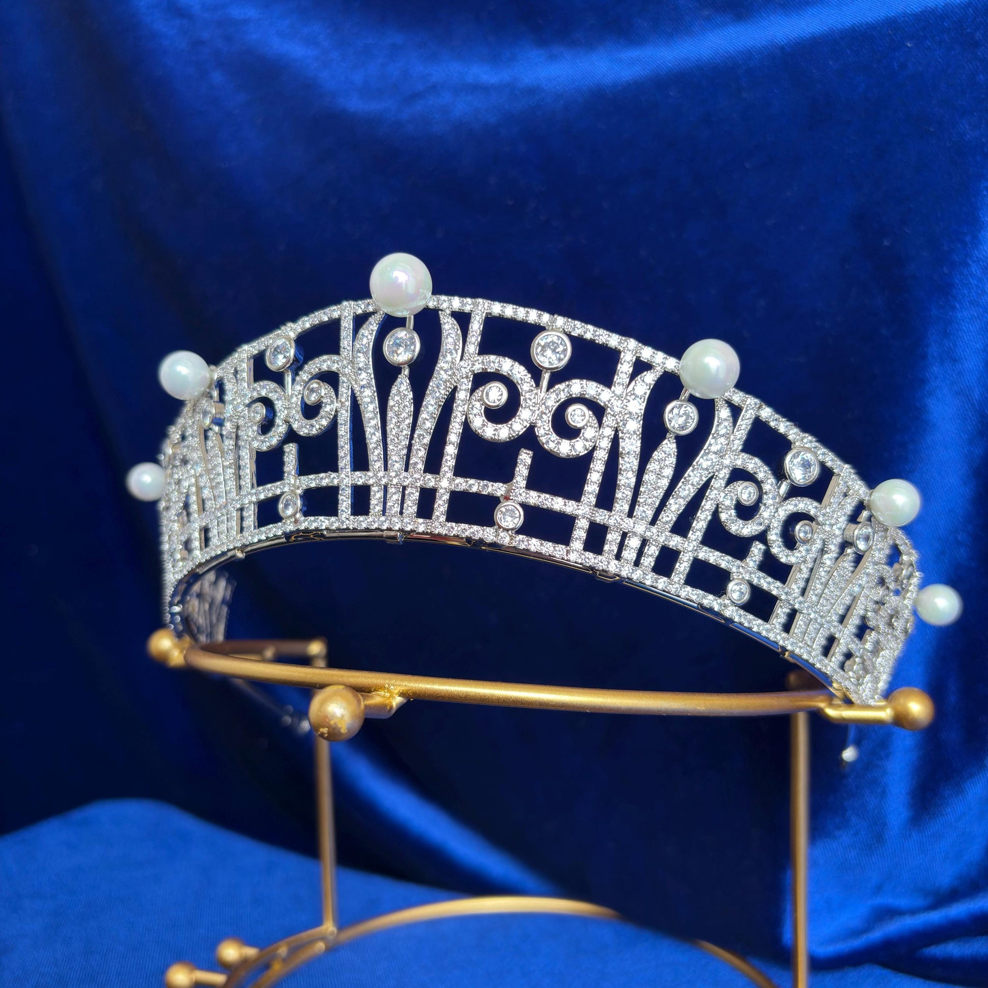 Art Deco Style Wedding Crown Princess Claire Pearl & Diamond Royal Tiara Queen Headpiece Handmade CZ Bridal Diadem Minimalist Regal Vintage