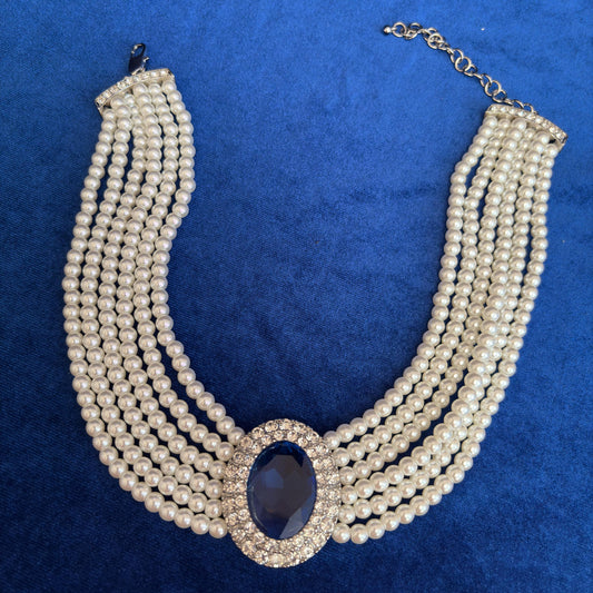 Something Blue Glass Pearl Choker Sapphire Royal Blue Multi 6 Strands Glass Pearl Choker Full Cubic Zirconia Bridal Wedding Pearl Necklace