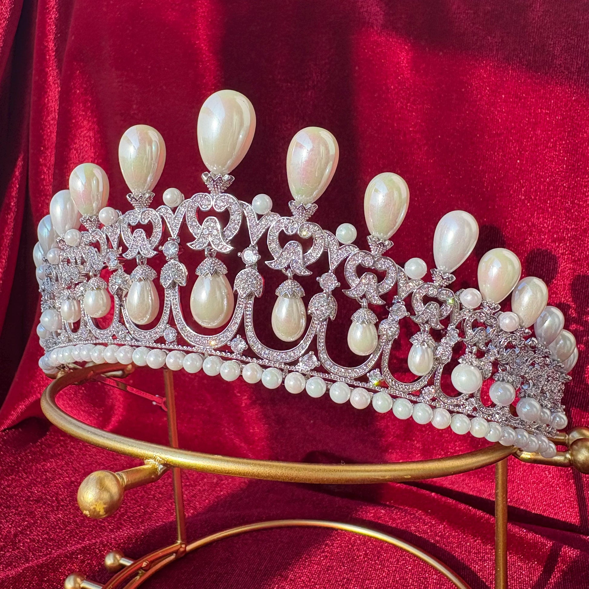 Dangling Drop Pearl Wedding Crown Handmade Sparkling Cubic Zirconia Bridal Tiara Rococo Edwardian Baroque Style Big High Headpiece for Bride