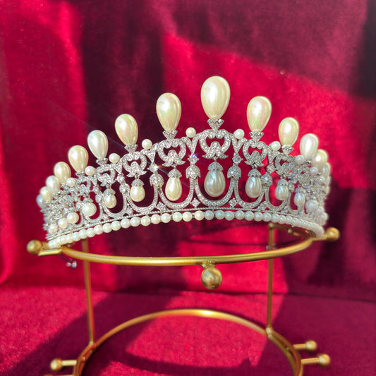 Dangling Drop Pearl Wedding Crown Handmade Sparkling Cubic Zirconia Bridal Tiara Rococo Edwardian Baroque Style Big High Headpiece for Bride