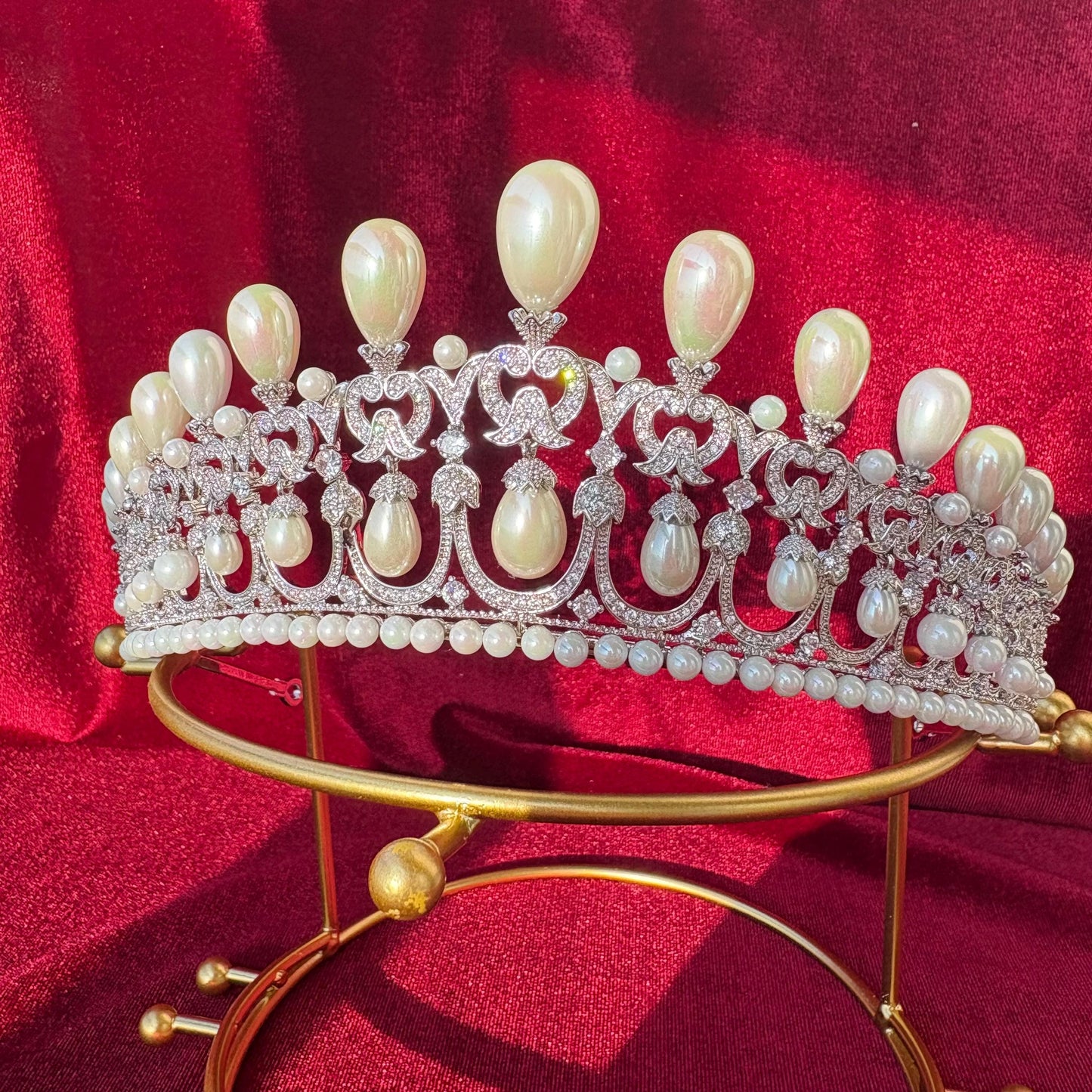 Dangling Drop Pearl Wedding Crown Handmade Sparkling Cubic Zirconia Bridal Tiara Rococo Edwardian Baroque Style Big High Headpiece for Bride