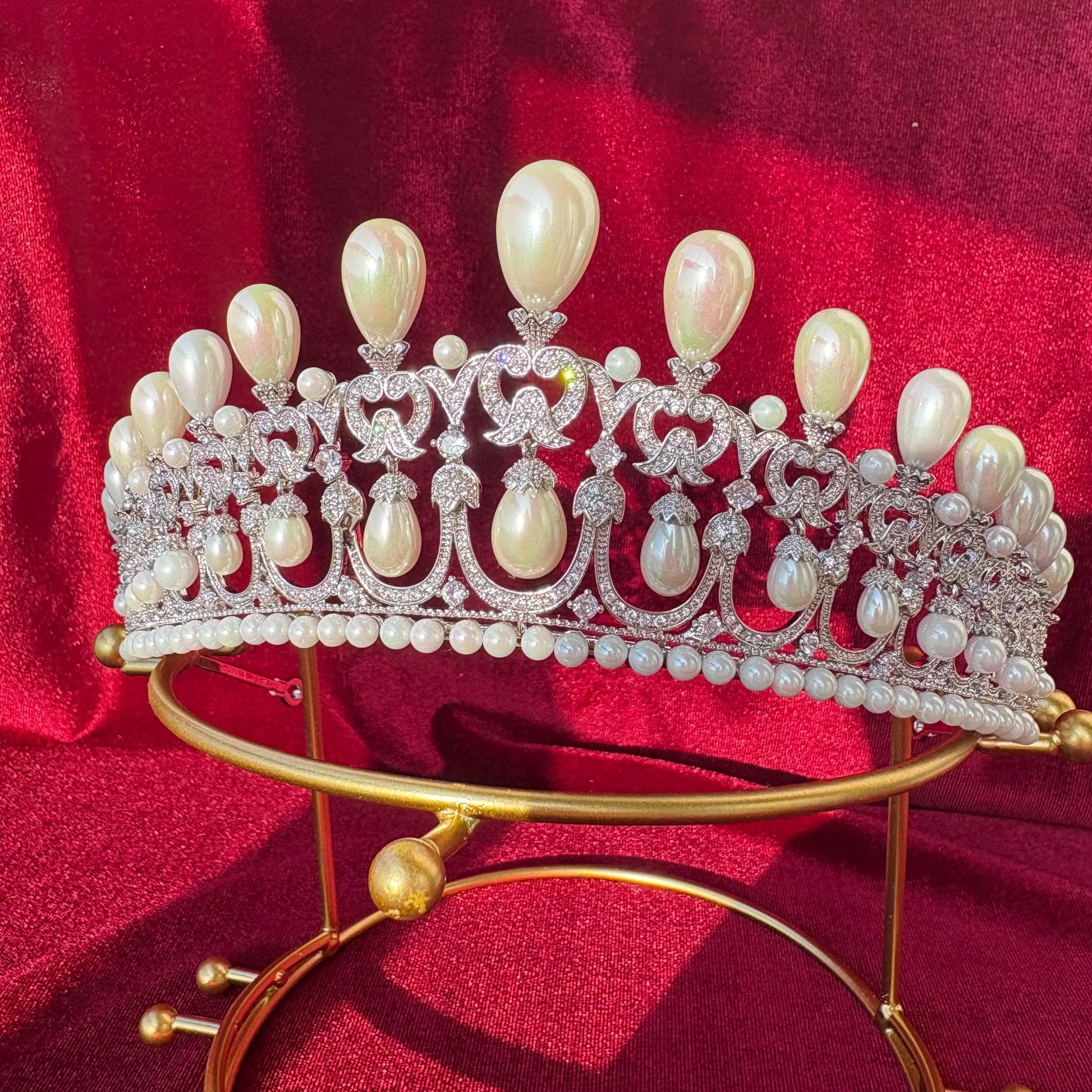 Dangling Drop Pearl Wedding Crown Handmade Sparkling Cubic Zirconia Bridal Tiara Rococo Edwardian Baroque Style Big High Headpiece for Bride