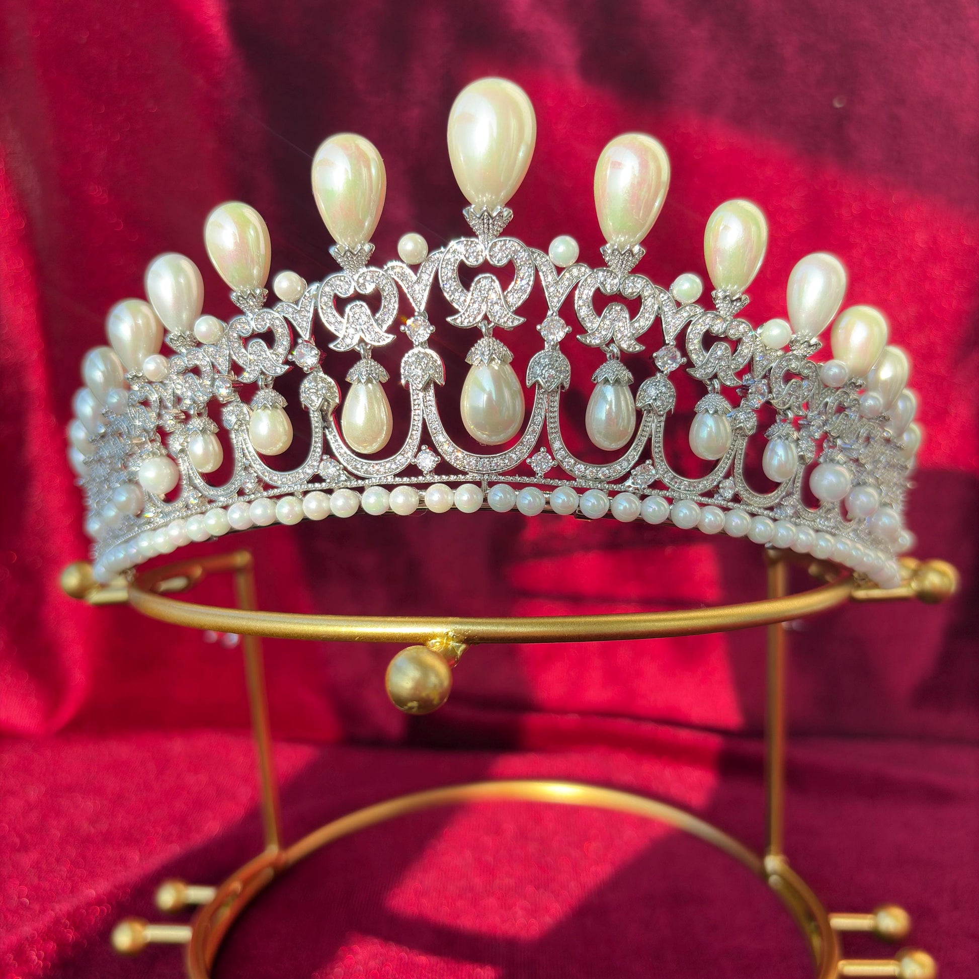 Dangling Drop Pearl Wedding Crown Handmade Sparkling Cubic Zirconia Bridal Tiara Rococo Edwardian Baroque Style Big High Headpiece for Bride