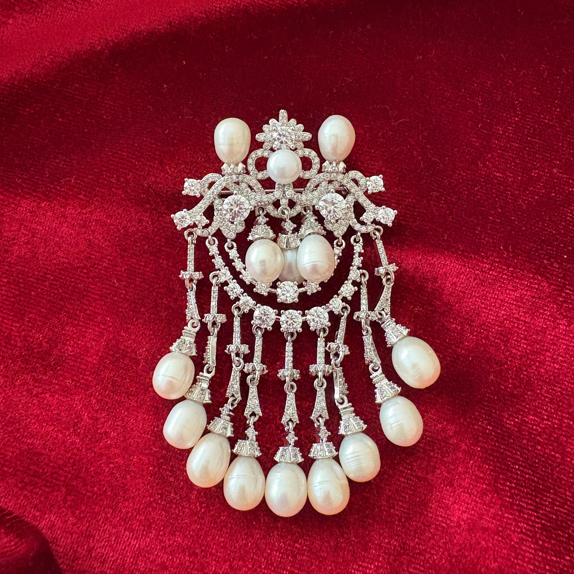 Bridal Wedding Brooch Victorian Russian Style Dandling Drop Pearls Full CZ Diamond Baroque Pin Russian Style Formal Jewelry