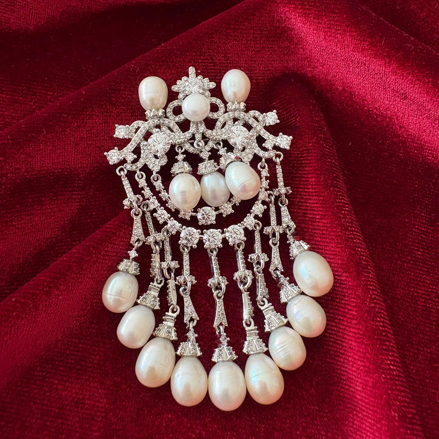 Bridal Wedding Brooch Victorian Russian Style Dandling Drop Pearls Full CZ Diamond Baroque Pin Russian Style Formal Jewelry Christmas Gift