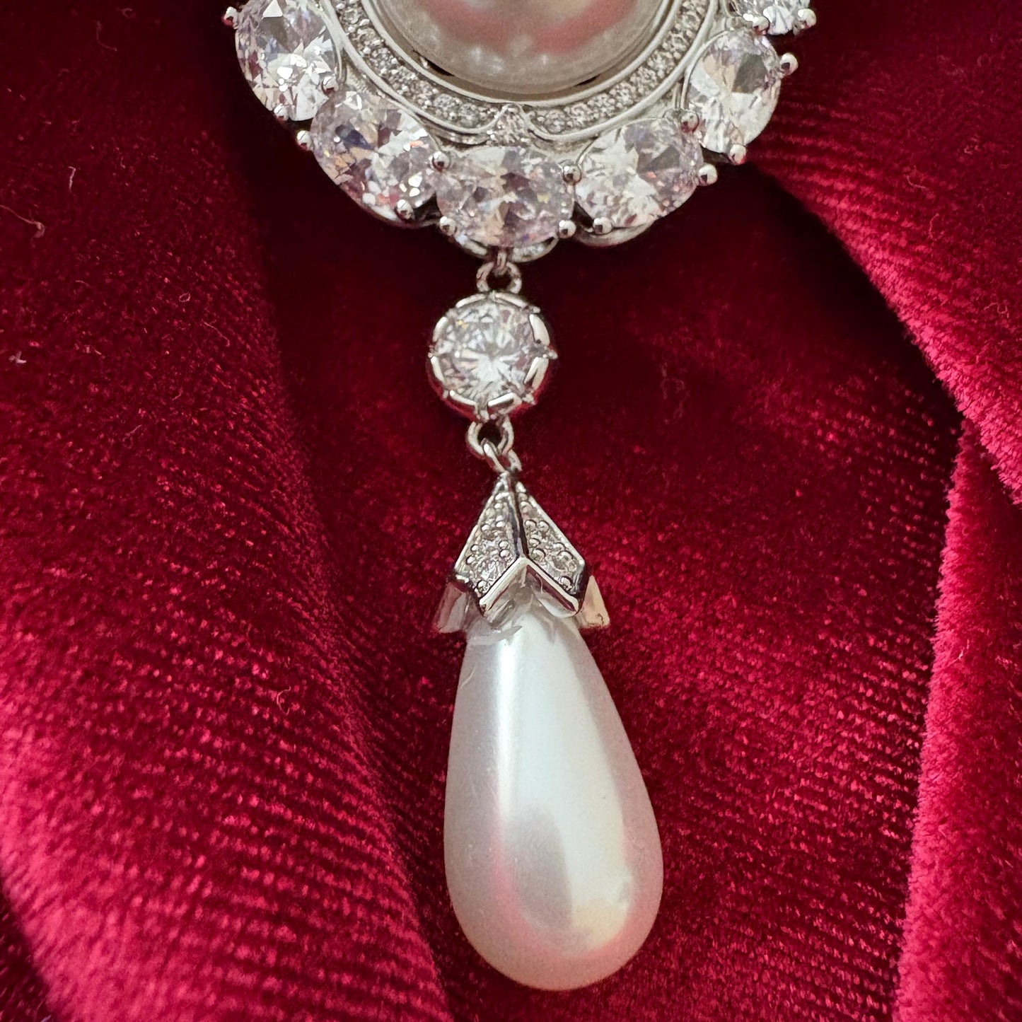 Dangling Pearl Round Brooch Full CZ American Diamond Halo Statement Silver Colour Wedding Bridal Pin Vintage Classical Victorian Style