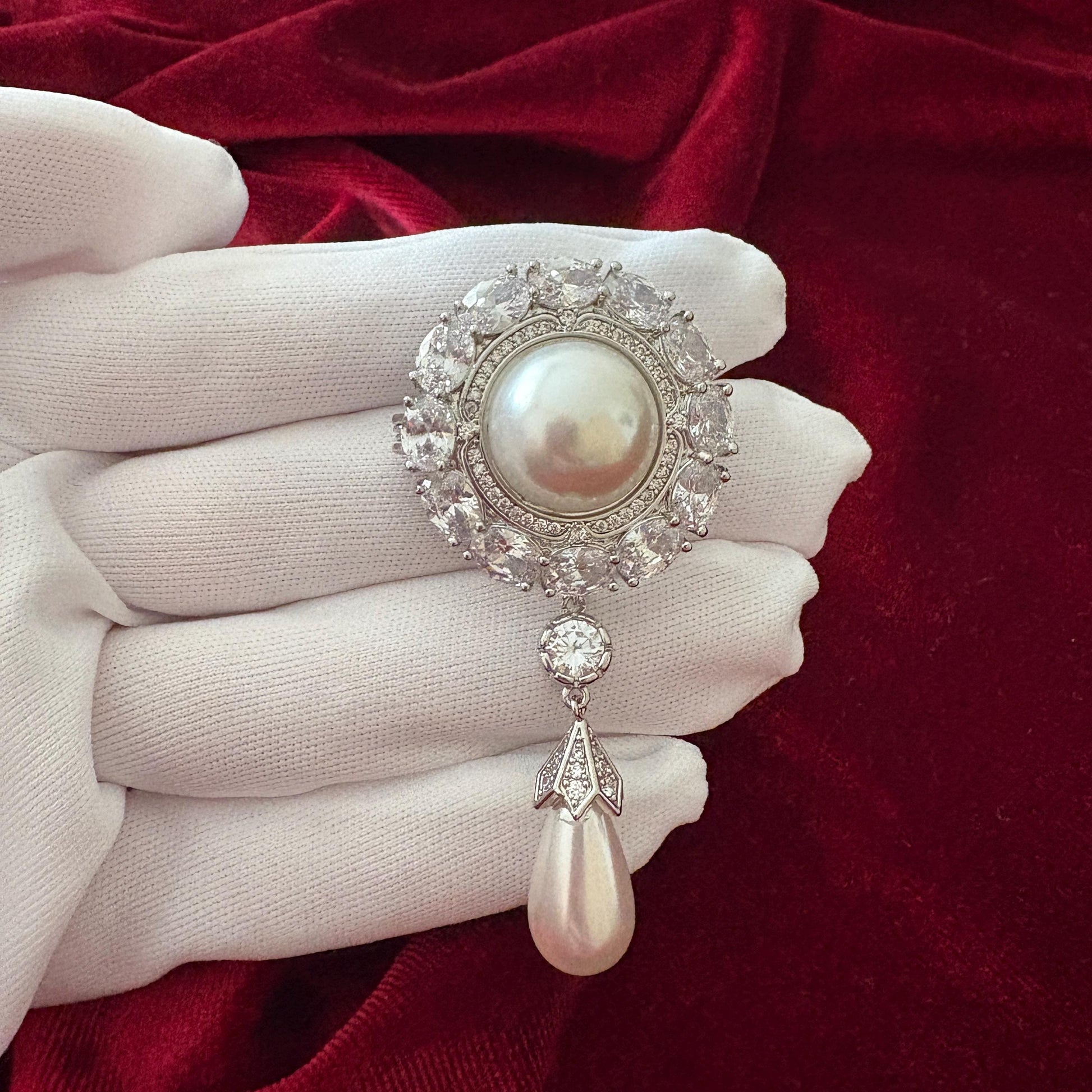 Dangling Pearl Round Brooch Full CZ American Diamond Halo Statement Silver Colour Wedding Bridal Pin Vintage Classical Victorian Style