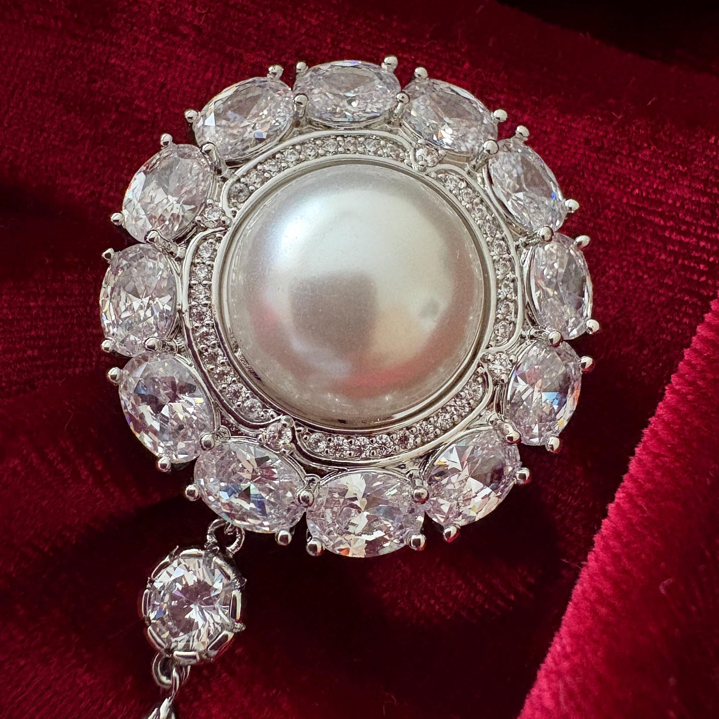 Dangling Pearl Round Brooch Full CZ American Diamond Halo Statement Silver Colour Wedding Bridal Pin Vintage Classical Victorian Style
