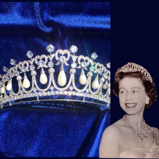 HM Queen Elizabeth II of Lover's Knot Tiara Shell Pearls Full Cubic Zirconia Handmade Royal Crown Queen of England British Royal Souvenir