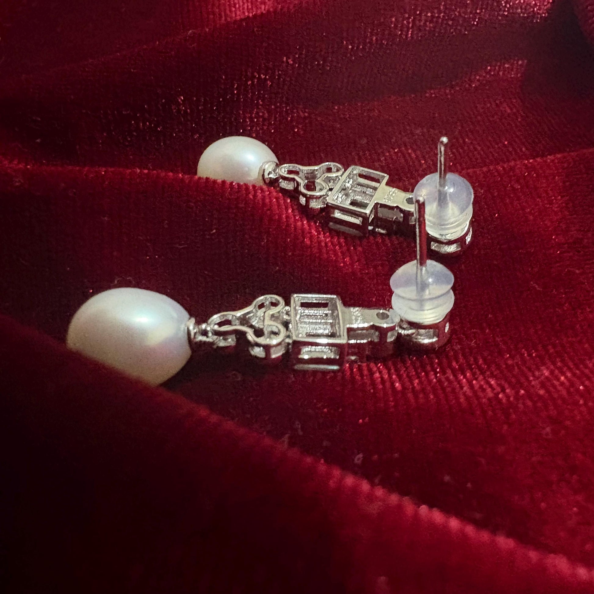 Dangle Teardrop Freshwater Pearl Earrings Cubic Zirconia 925 Sterling Silver Art Deco Geometric Wedding Earrings Bridal Studs Vintage Style
