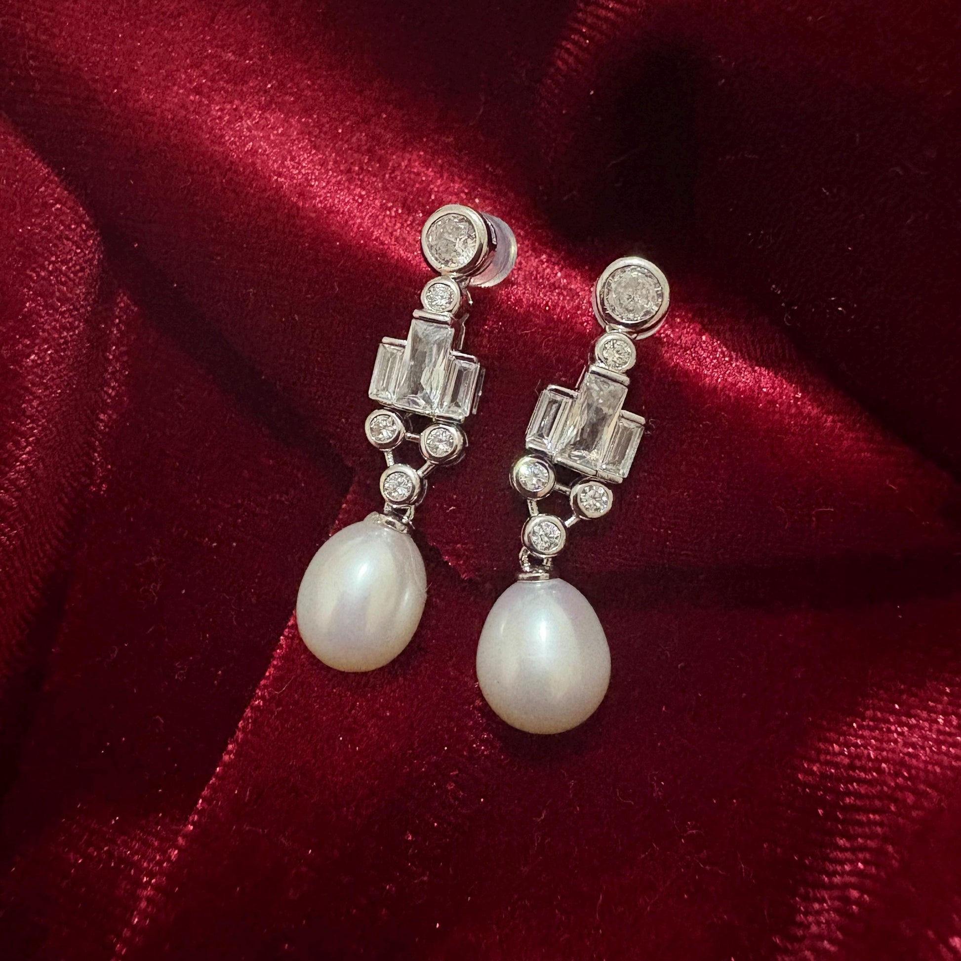 Dangle Teardrop Freshwater Pearl Earrings Cubic Zirconia 925 Sterling Silver Art Deco Geometric Wedding Earrings Bridal Studs Vintage Style