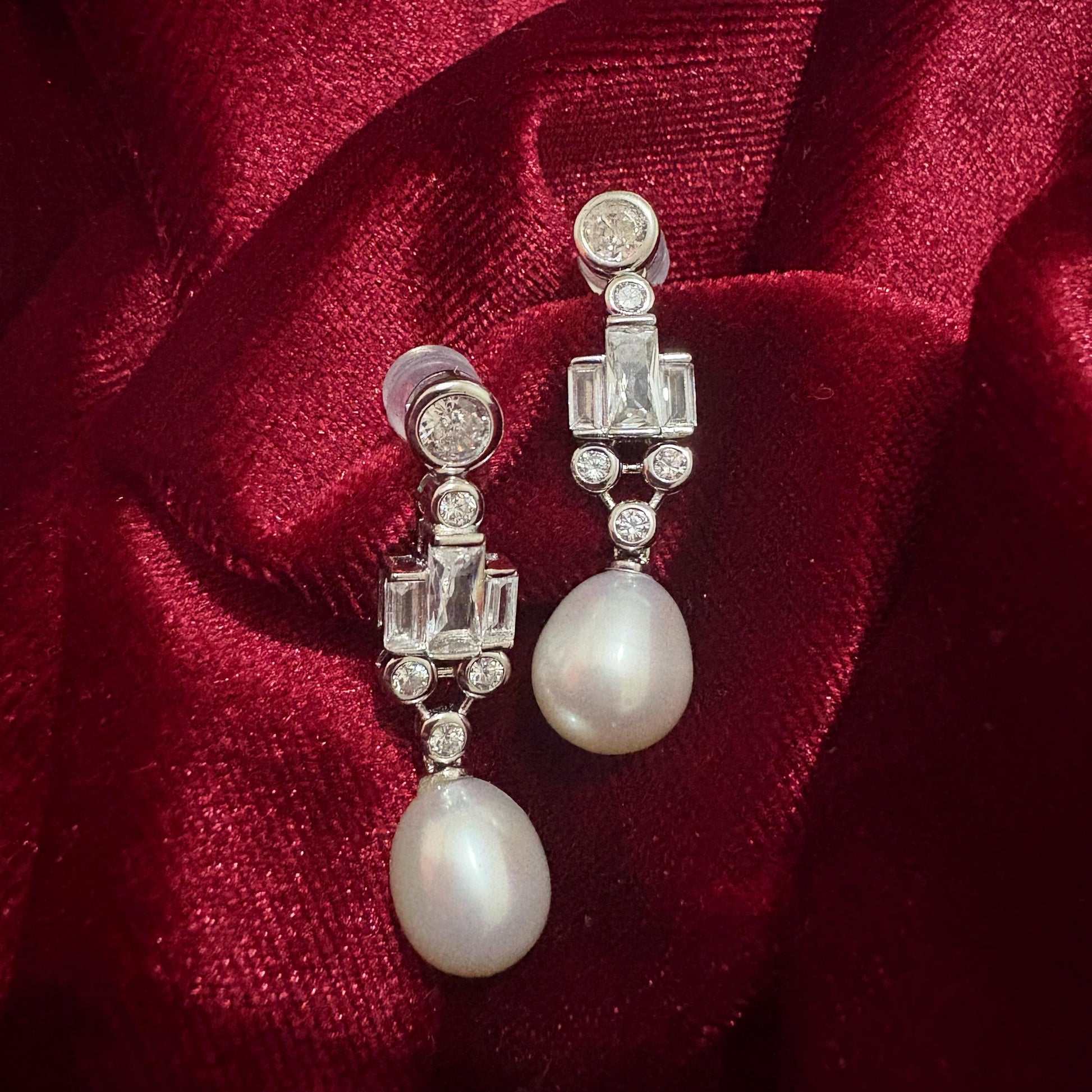 Dangle Teardrop Freshwater Pearl Earrings Cubic Zirconia 925 Sterling Silver Art Deco Geometric Wedding Earrings Bridal Studs Vintage Style