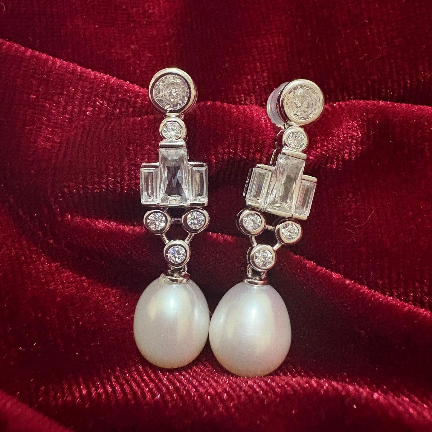 Dangle Teardrop Freshwater Pearl Earrings Cubic Zirconia 925 Sterling Silver Art Deco Geometric Wedding Earrings Bridal Studs Vintage Style