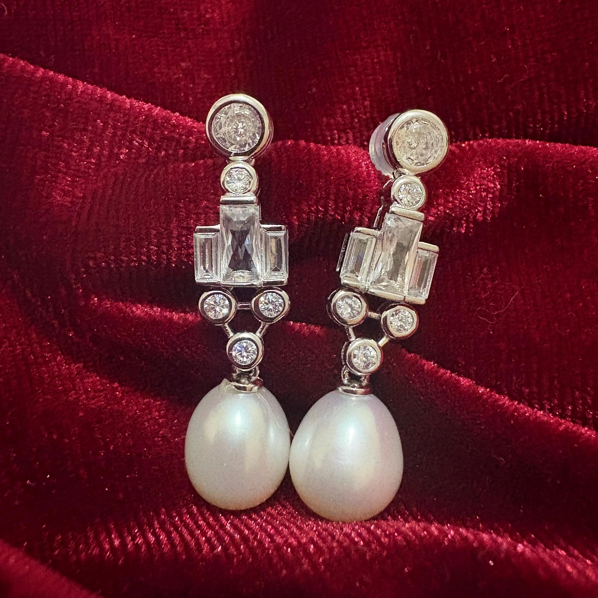Dangle Teardrop Freshwater Pearl Earrings Cubic Zirconia 925 Sterling Silver Art Deco Geometric Wedding Earrings Bridal Studs Vintage Style