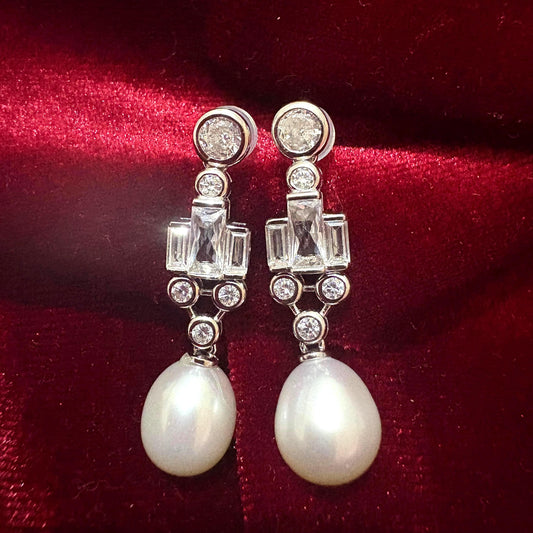 Dangle Teardrop Freshwater Pearl Earrings Cubic Zirconia 925 Sterling Silver Art Deco Geometric Wedding Earrings Bridal Studs Vintage Style
