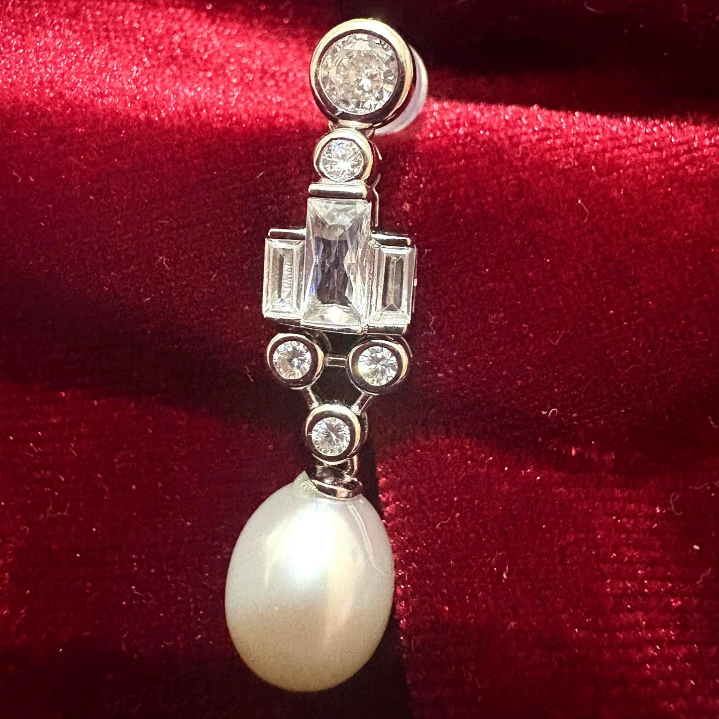 Dangle Teardrop Freshwater Pearl Earrings Cubic Zirconia 925 Sterling Silver Art Deco Geometric Wedding Earrings Bridal Studs Vintage Style