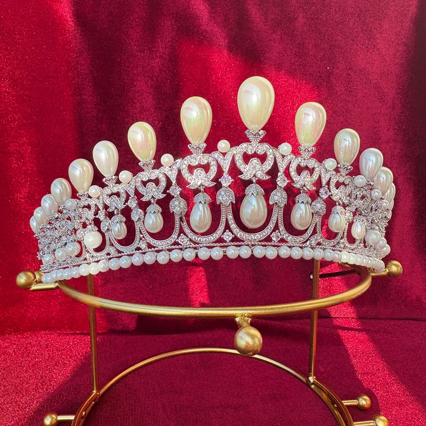 Dangling Drop Pearl Wedding Crown Handmade Sparkling Cubic Zirconia Bridal Tiara Rococo Edwardian Baroque Style Big High Headpiece for Bride