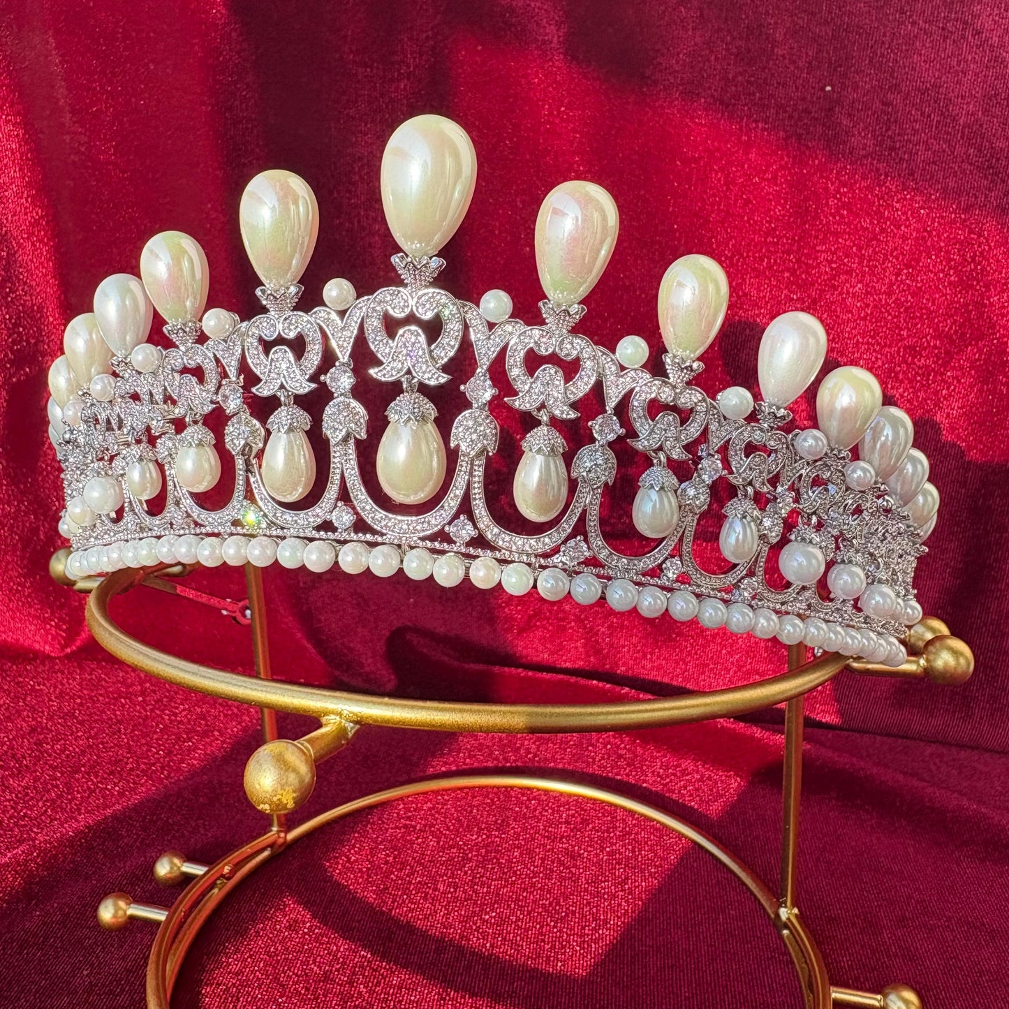 Dangling Drop Pearl Wedding Crown Handmade Sparkling Cubic Zirconia Bridal Tiara Rococo Edwardian Baroque Style Big High Headpiece for Bride