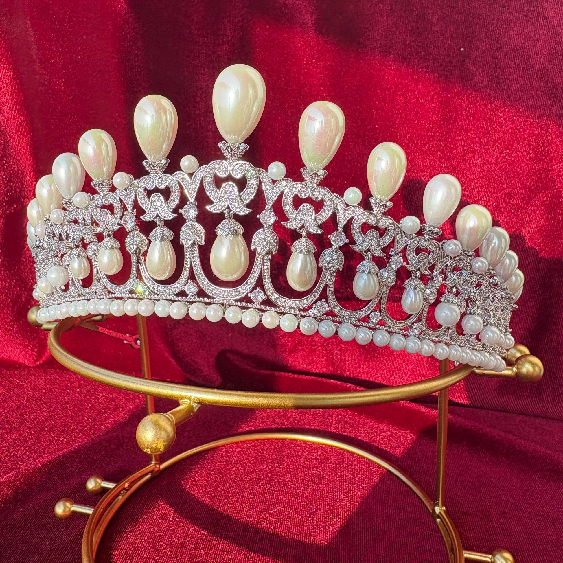 Dangling Drop Pearl Wedding Crown Handmade Sparkling Cubic Zirconia Bridal Tiara Rococo Edwardian Baroque Style Big High Headpiece for Bride