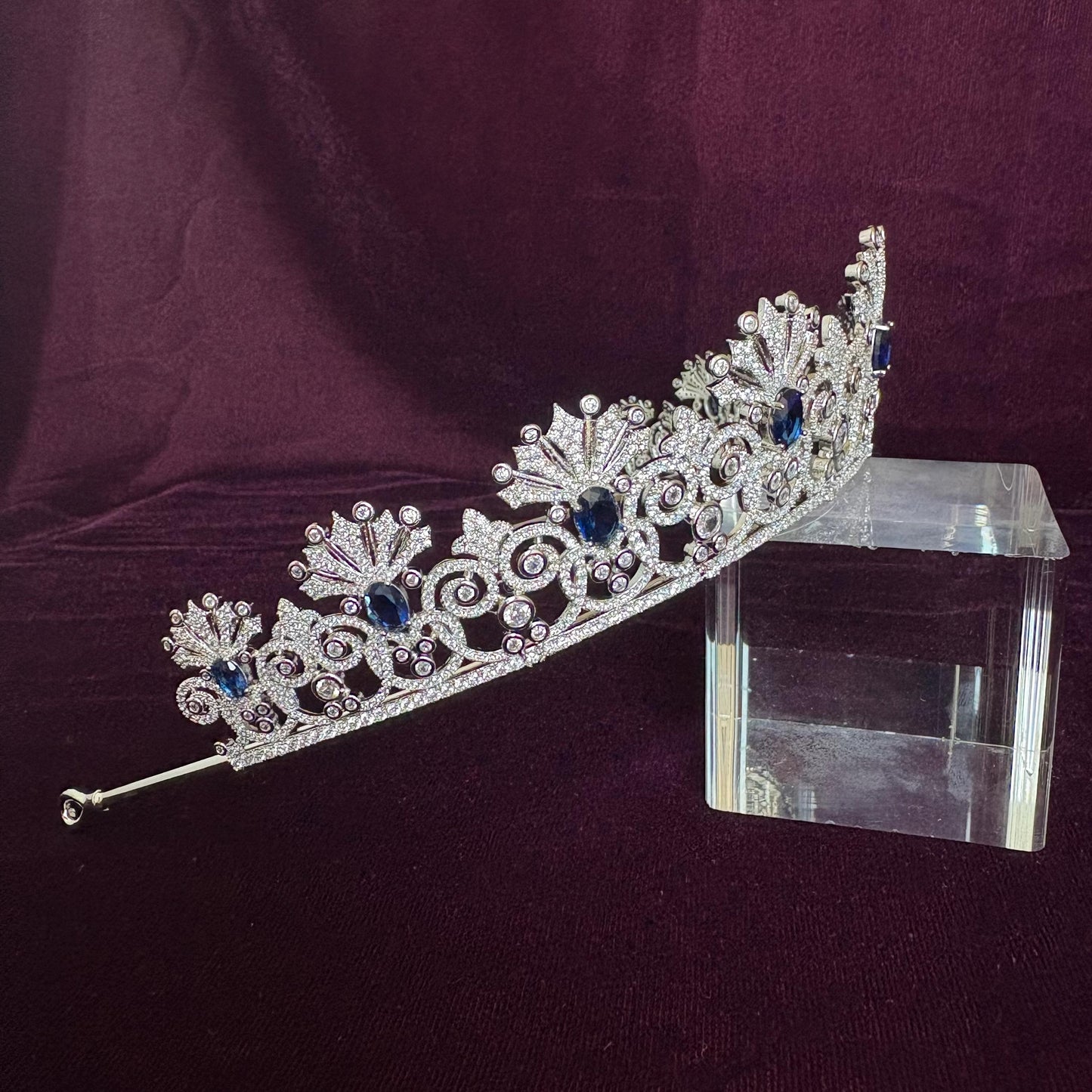 Something Blue Bridal Crown Navy Royal Blue Gem Sapphire Color Silver Wedding Tiara Elegant Luxe Headpiece for Bride Princess Diadem