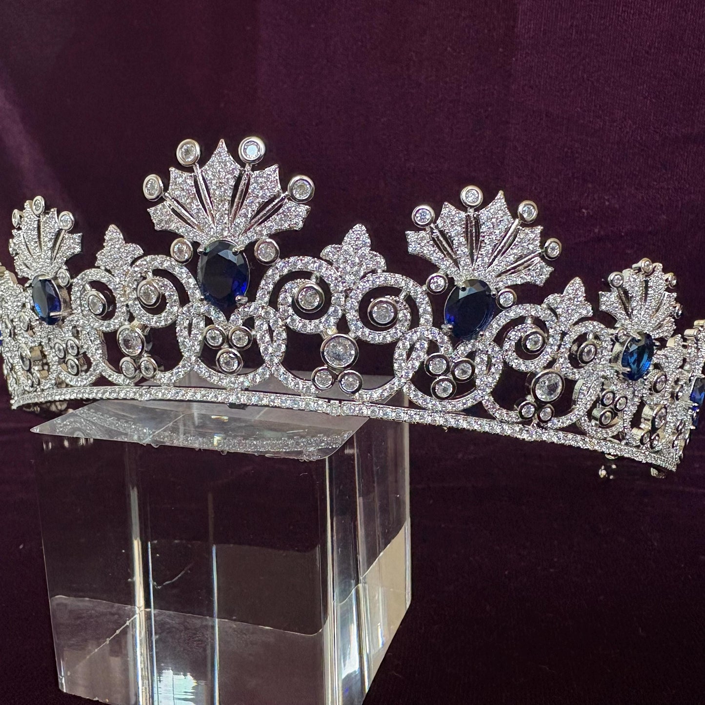 Something Blue Bridal Crown Navy Royal Blue Gem Sapphire Color Silver Wedding Tiara Elegant Luxe Headpiece for Bride Princess Diadem