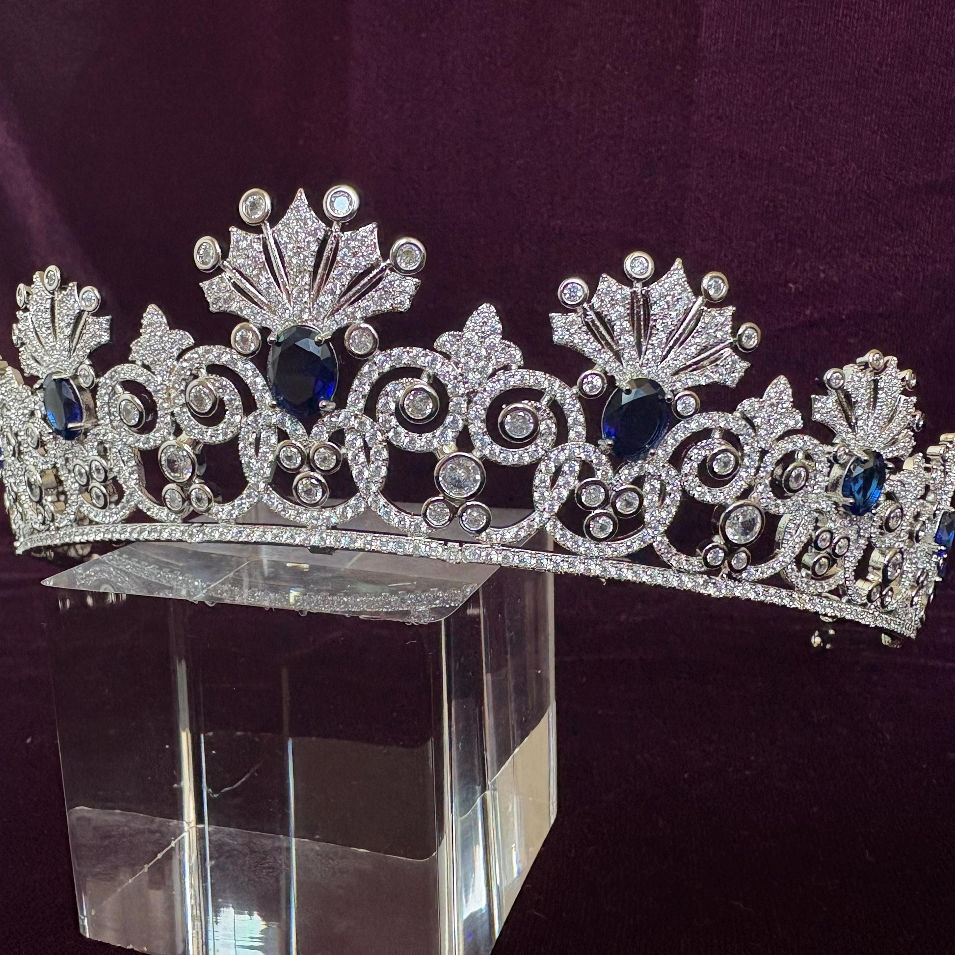 Something Blue Bridal Crown Navy Royal Blue Gem Sapphire Color Silver Wedding Tiara Elegant Luxe Headpiece for Bride Princess Diadem