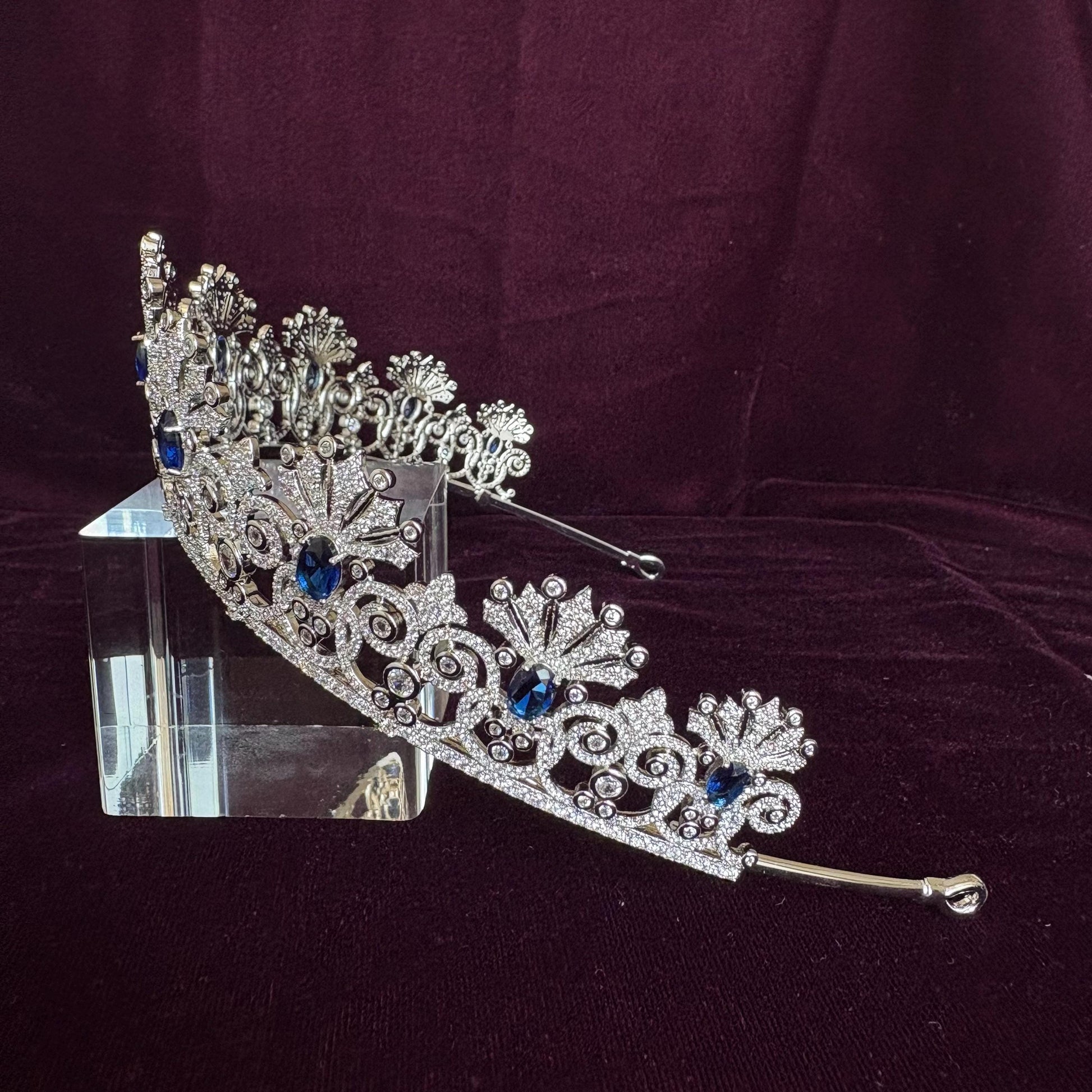 Something Blue Bridal Crown Navy Royal Blue Gem Sapphire Color Silver Wedding Tiara Elegant Luxe Headpiece for Bride Princess Diadem